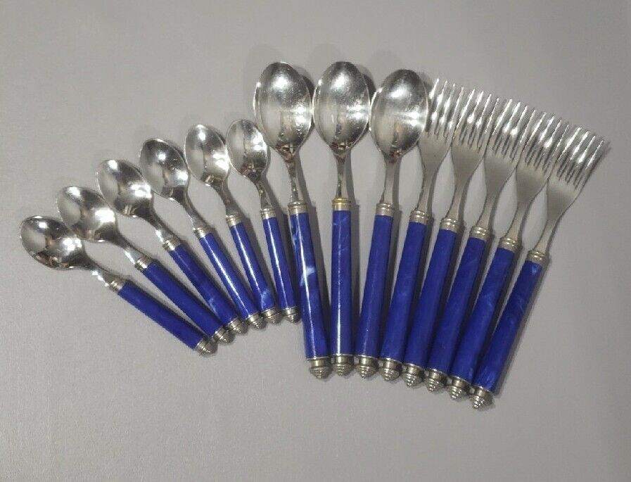 Vintage Eme Inox Italy 18/10 Stainless Flatware 14 Pieces Blue Marble Resin