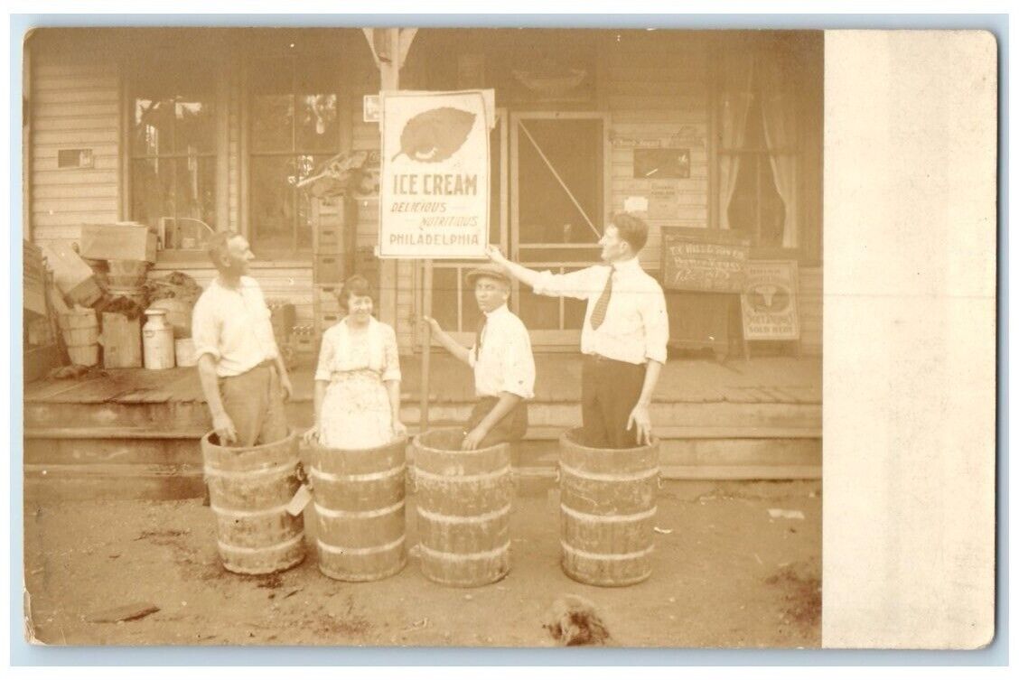 c1910's Philadelphia Ice Cream Men Women Barrel Milk Jugs PA RPPC Photo Postcard
