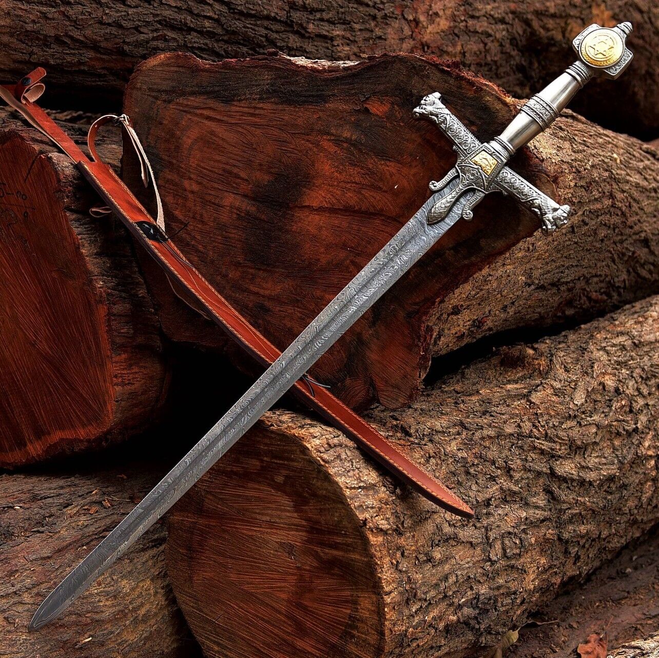 Damascus Steel King Solomon Crusader Sword W/Leather Sheath(Star of David Pommel