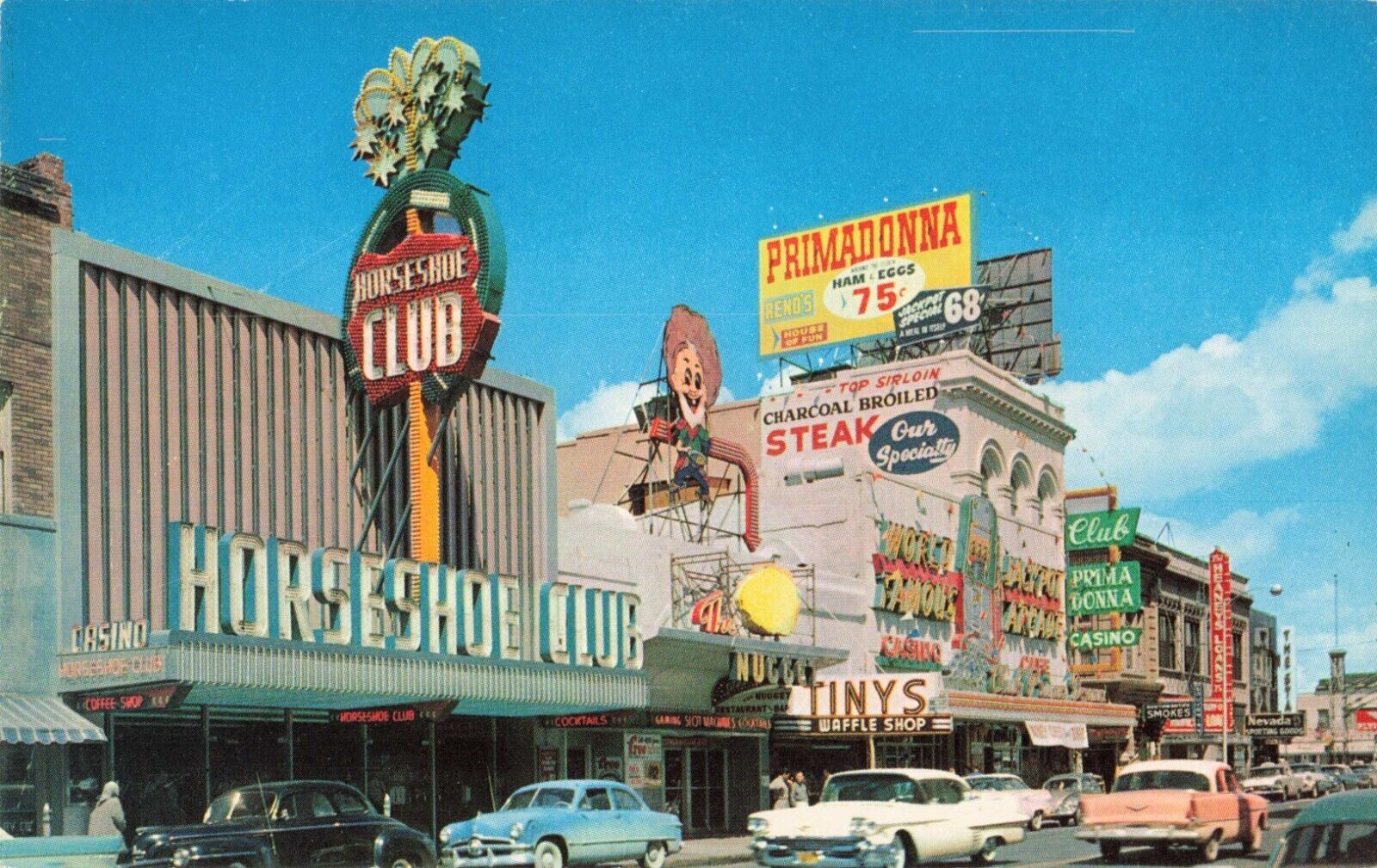 Reno Nevada, Virginia Street, Marquee Signs, Old Cars, Casino, Vintage Postcard
