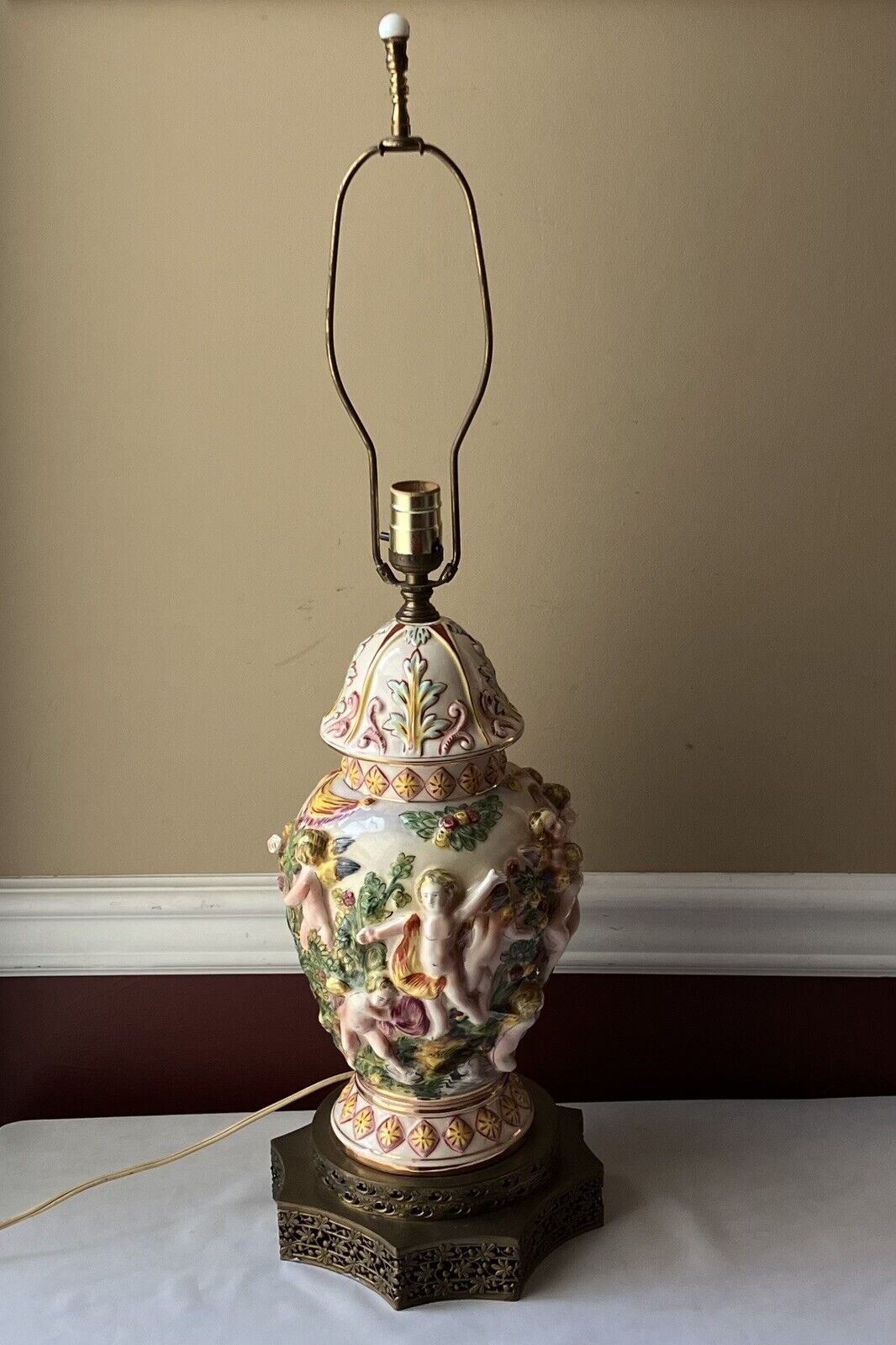 Vintage Capodimonte Porcelain Urn Lamp With Metal Base