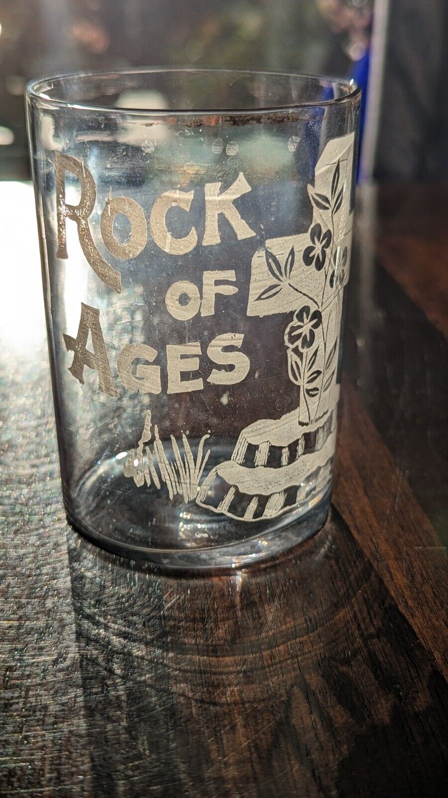 Vintage * Antique Rock of Ages Religous Cross Floral Drinking   Etched Glass *