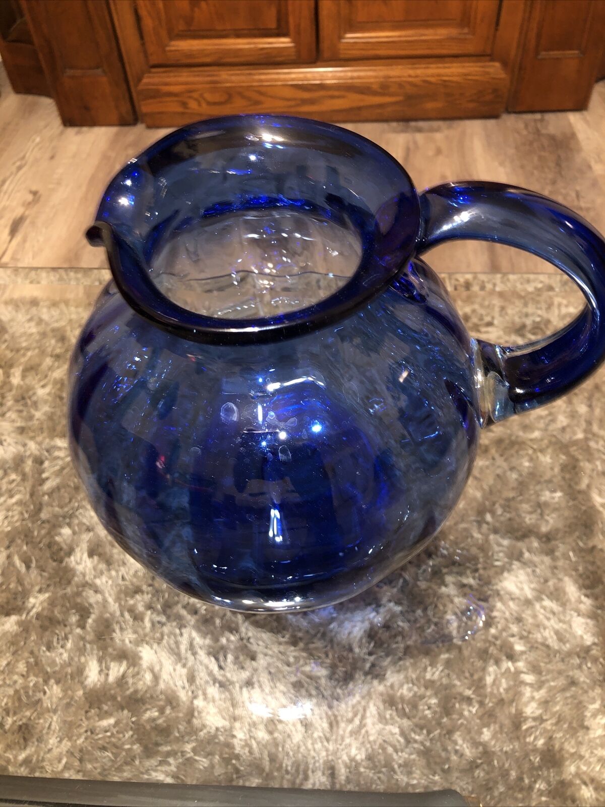 Blenko Style Glass Pitcher Cobalt Blue With Ripples
