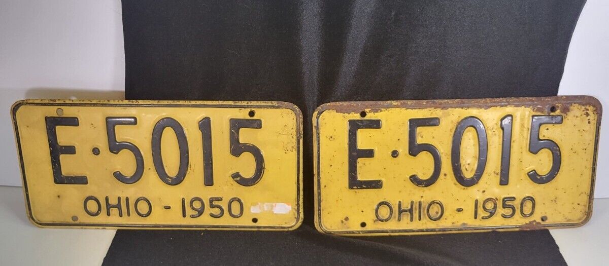 Pair of 1950 Ohio License Plates E-5015 Yellow With Black Letters