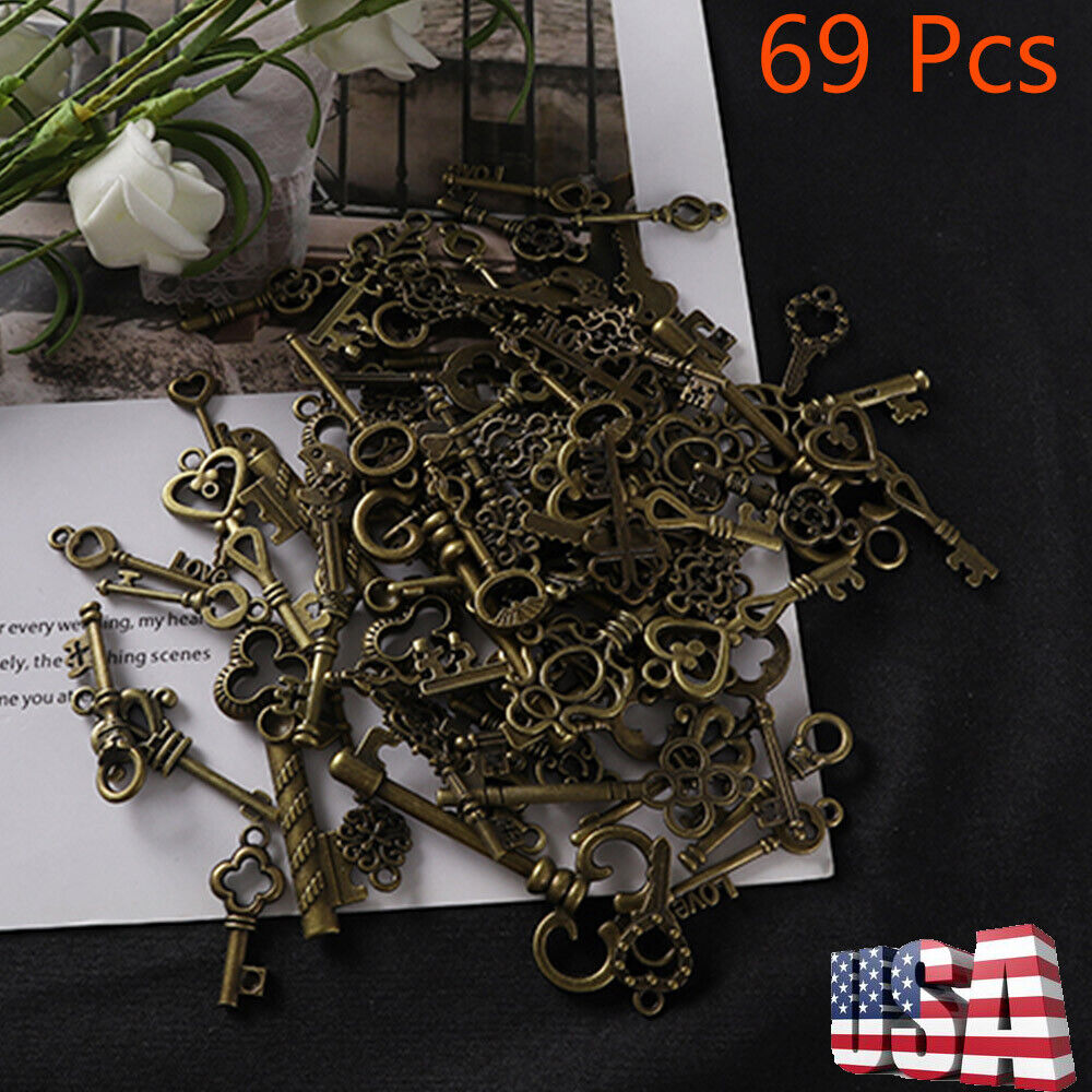 69 Pcs Set Antique Vintage Old Look Ornate Skeleton Keys Fancy Heart Bow Pendant