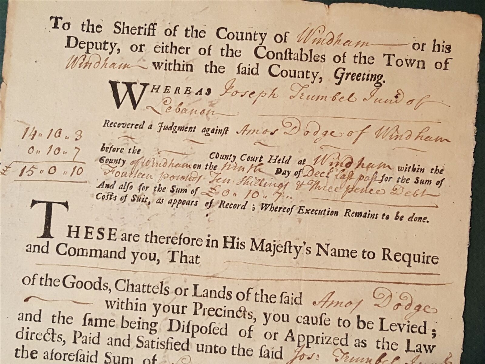 1730 antique COLONIAL windham lebanon ct JOS TRUMBLE legal document AMOS DODGE