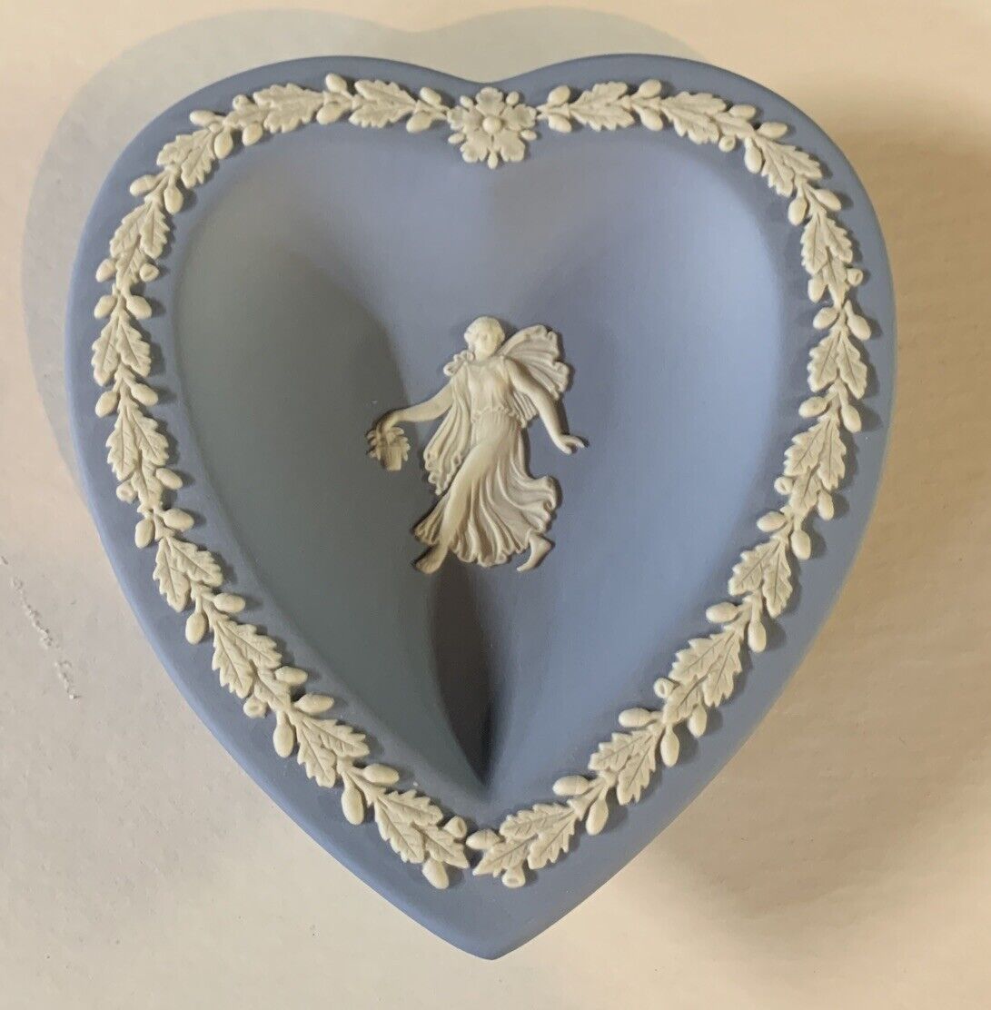 Vintage Wedgwood Jasperware 1970's Dancing Hours Blue Heart Shaped Pin Dish.