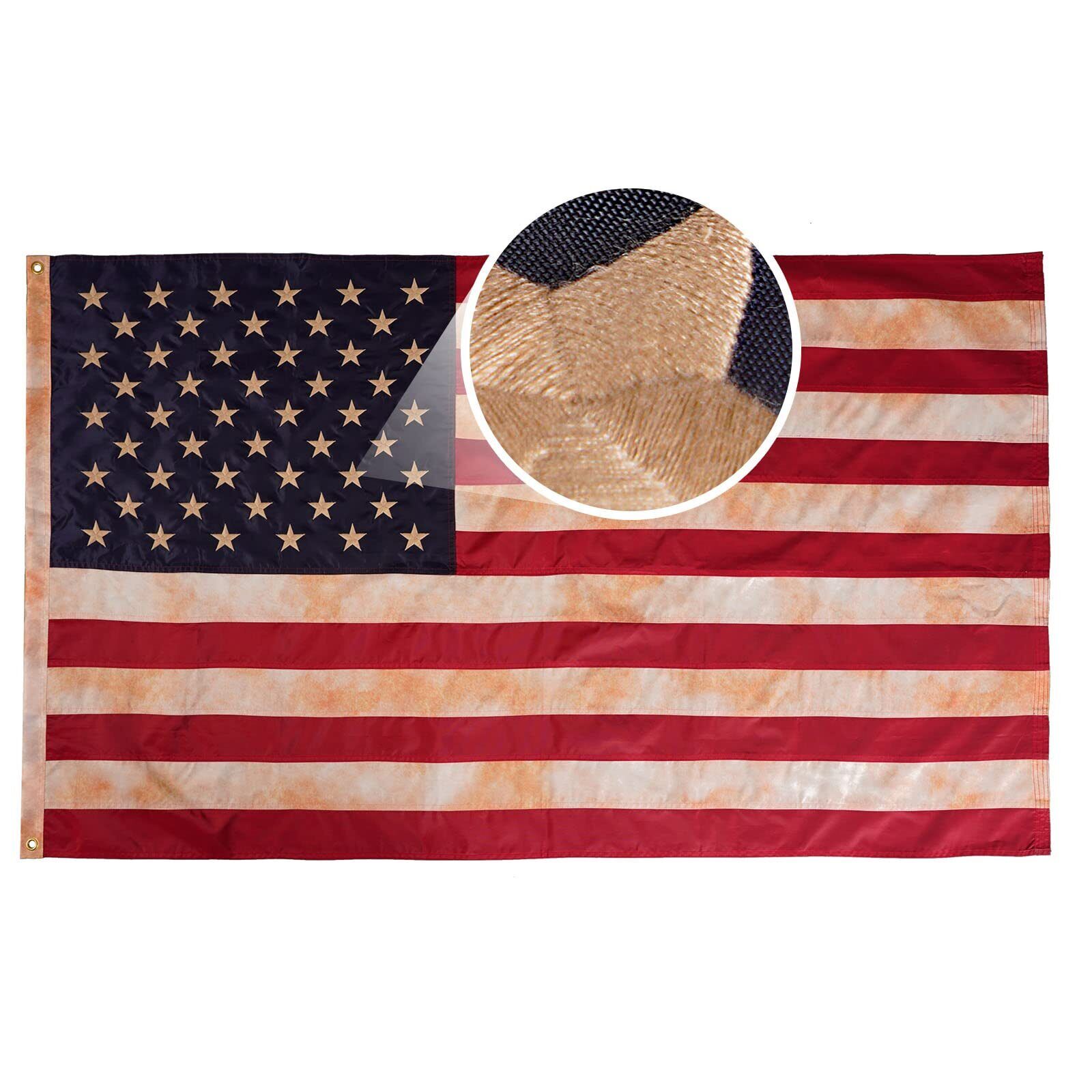 Vintage American Flag 3x5 ft Made in USA, Tea-Stained Embroidered USA Flags F...
