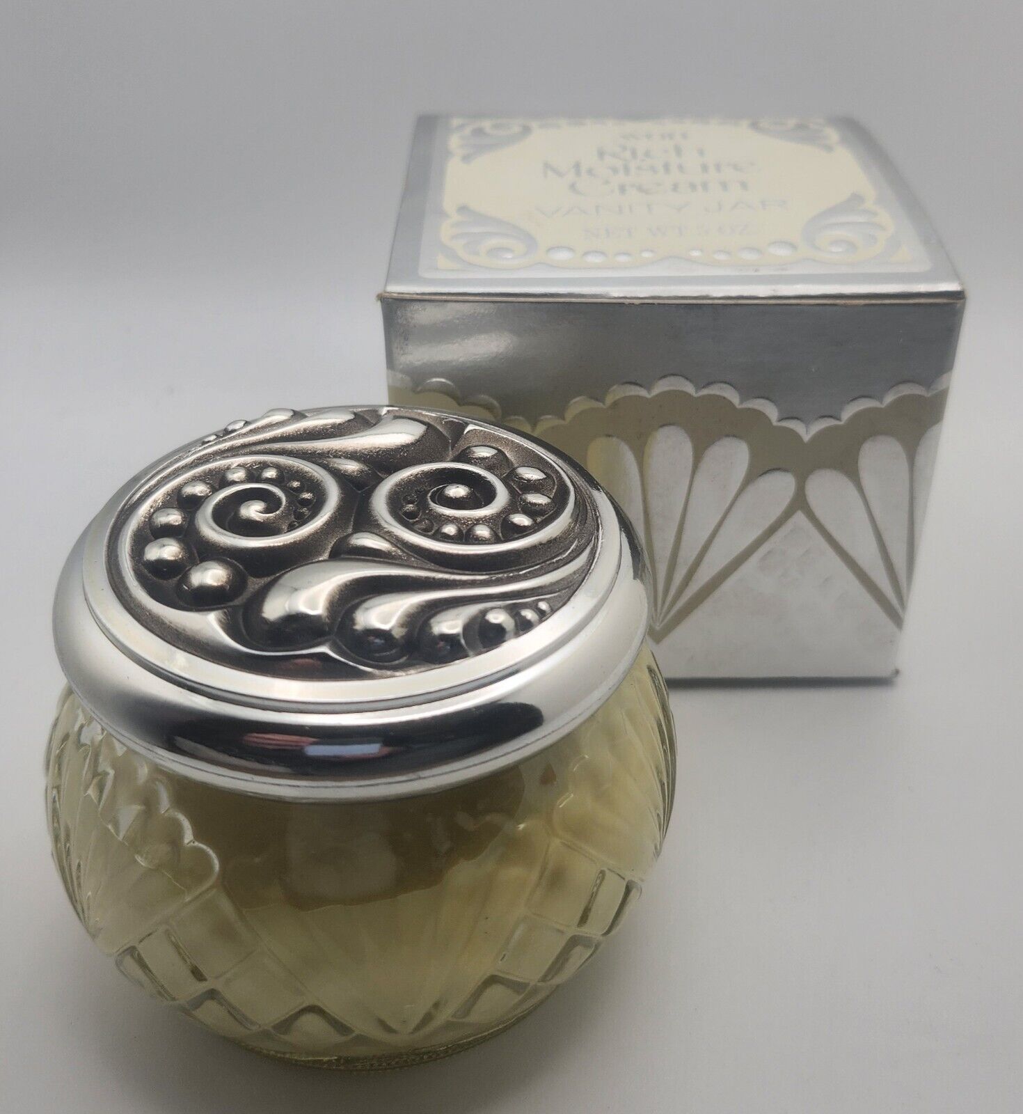 Vintage Avon Rich Moisture Cream Pressed Glass Jar Silver Tone Embossed Lid 