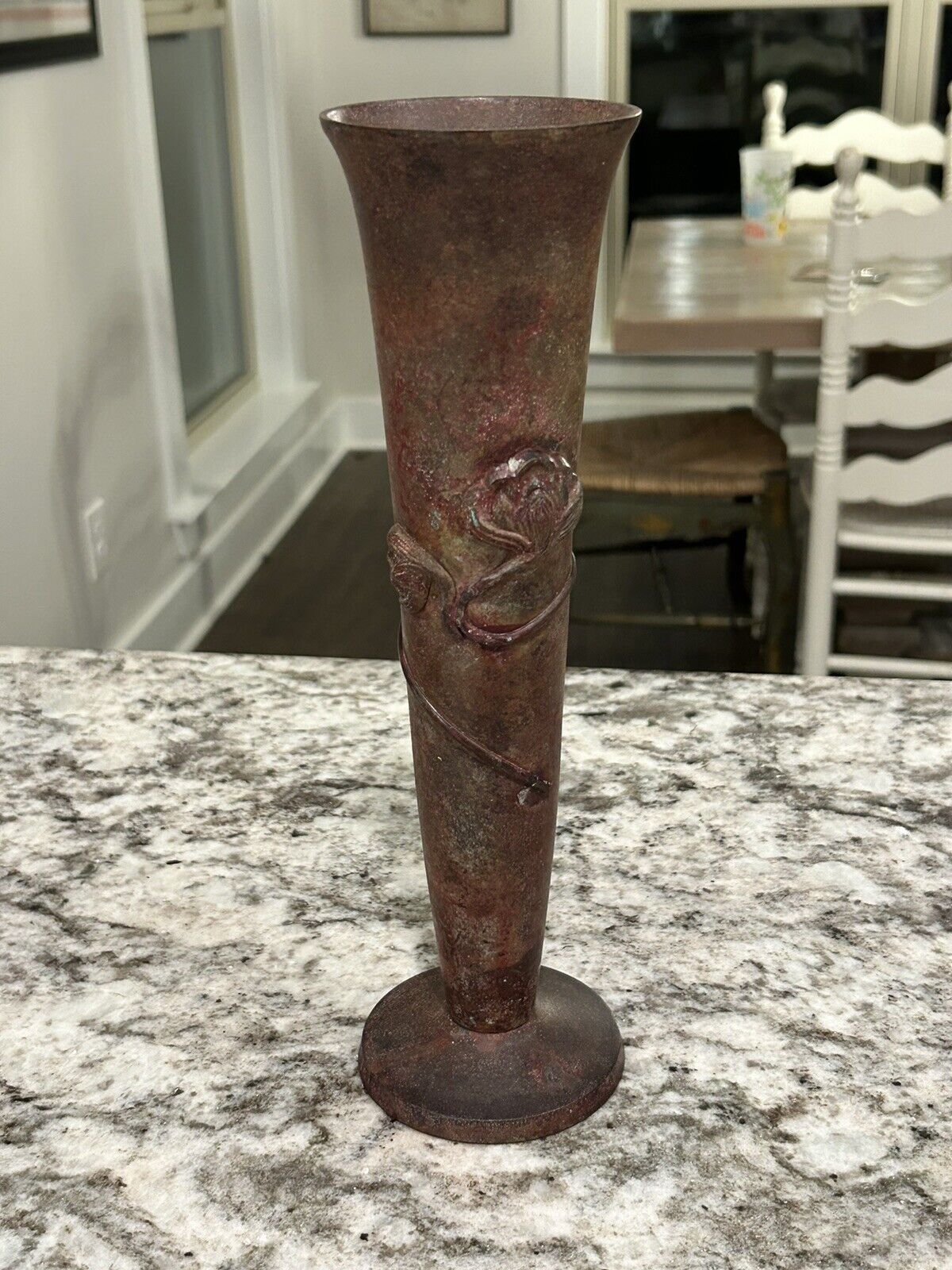 Vintage Metal Vase With Decorative Rose And Great Patina