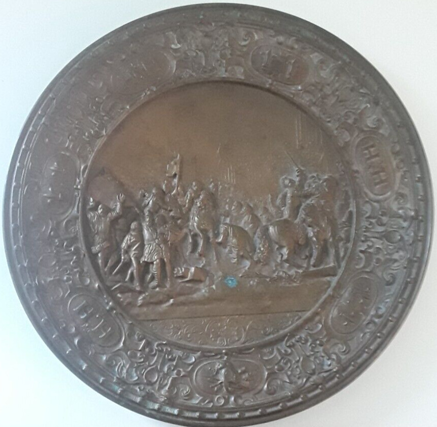 1886 Antique /Vintage Henry Bonnard Bronze Co Plate  Village/ Battle/ Army Scene