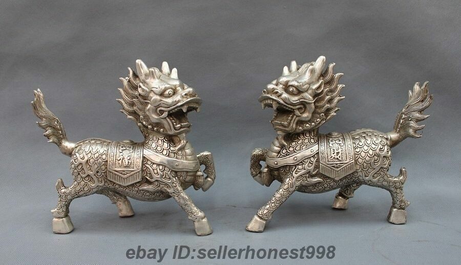 China White Copper Silver Palace Fengshui Foo Dog Liuon Dragon Kylin Statue Pair