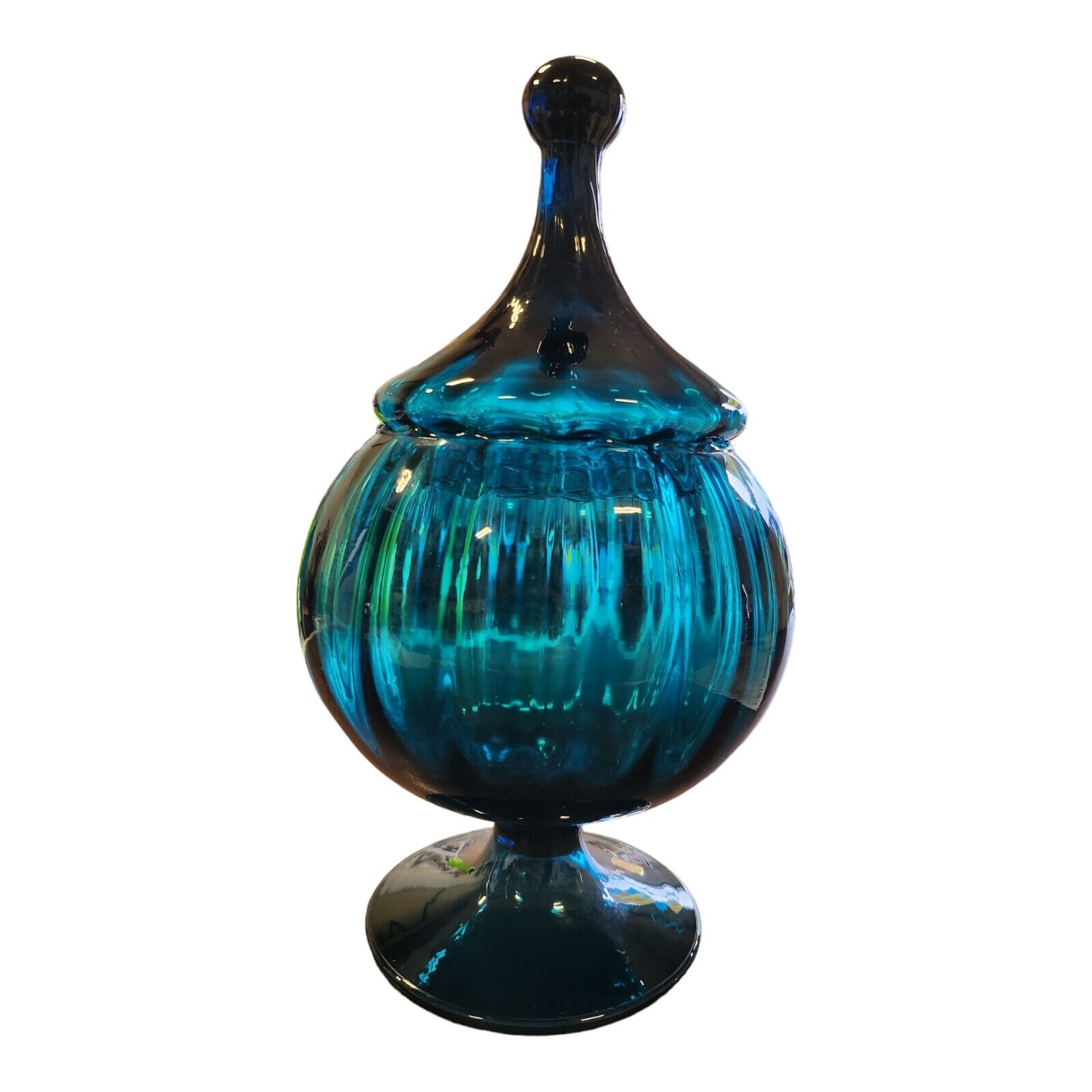 Vintage Empoli Art Glass Mid Century MCM Pedestal Jar Teal Blue w/Lid-Perfect