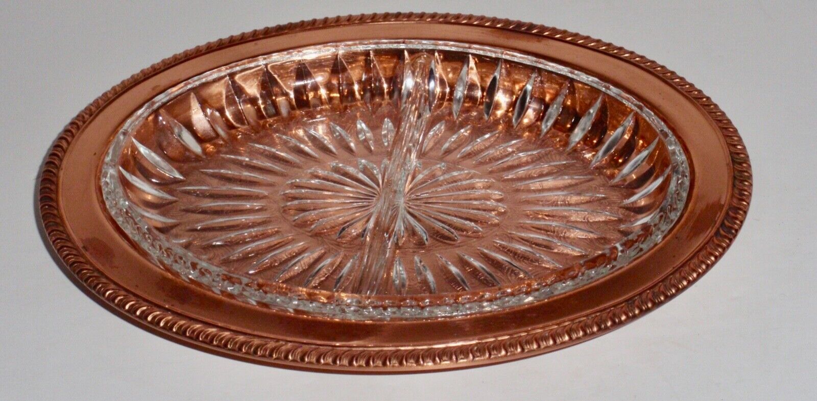Vintage 1960\'s Copper Guild Solid Copper Oval Tray with Divided Glass Insert