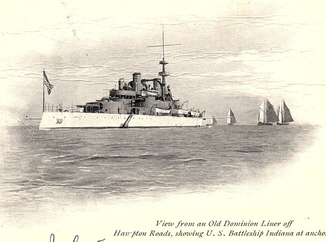 1903 OLD DOMINION LINE PMC POSTCARD HAMPTON VA USS INDIANA BATTLESHIP P461