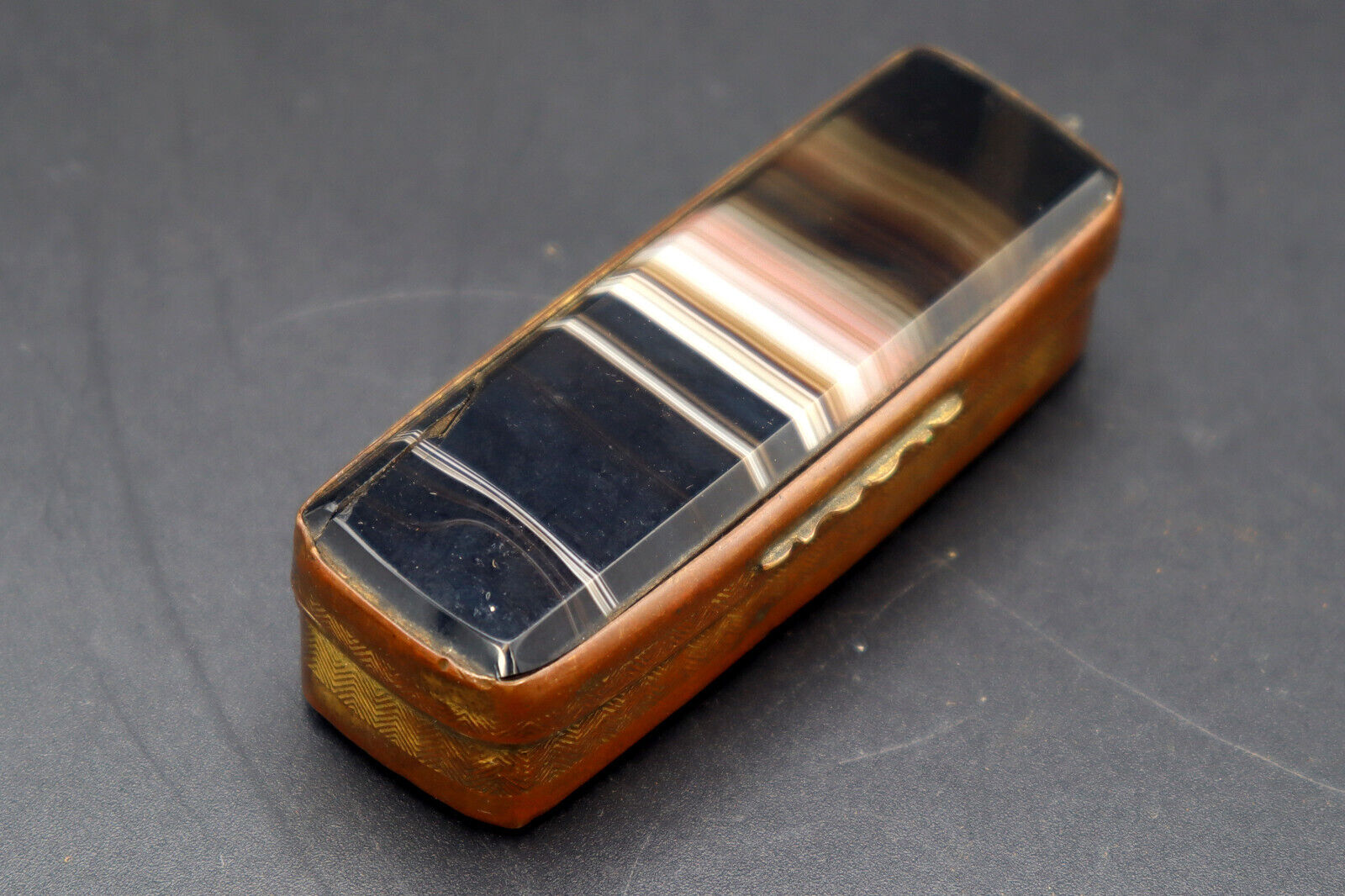 Antique 19th Century Victorian Brass and Banded Agate Matchsafe Box
