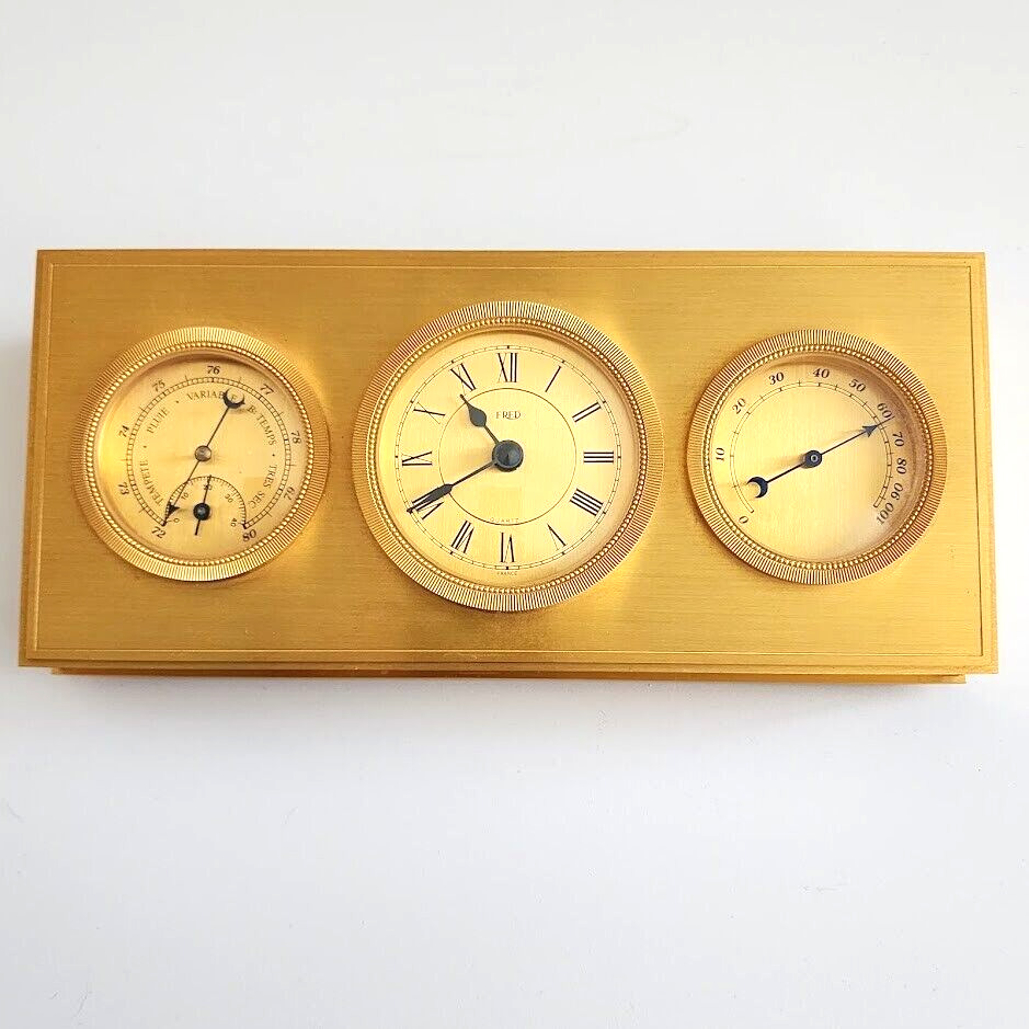 Vintage Fred of France Brass Table/Desk Clock, Barometer and Thermometer Heavy