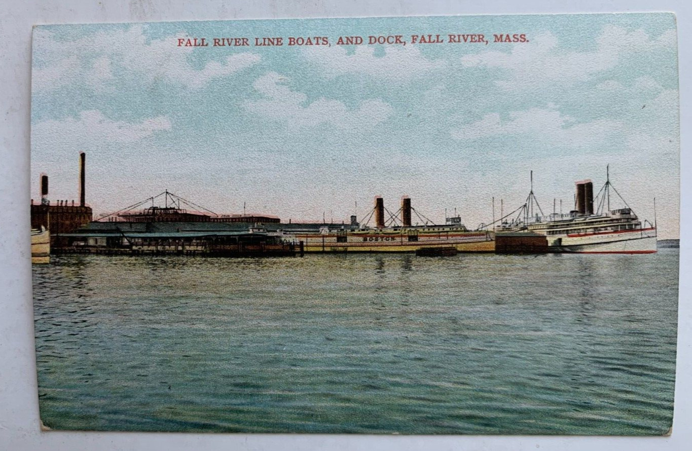 ca 1900s MA Postcard Fall River Massachusetts Fall River Line Boats & Dock ships