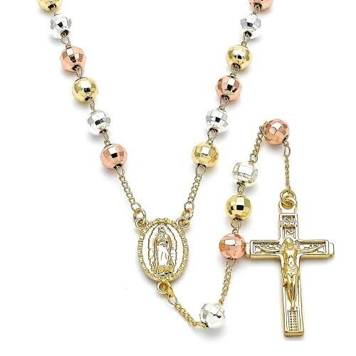 BEAUTIFUL TRICOLOR LARGE 18K GOLD OVER SILVER  GUADALUPE ROSARY NECKLACE