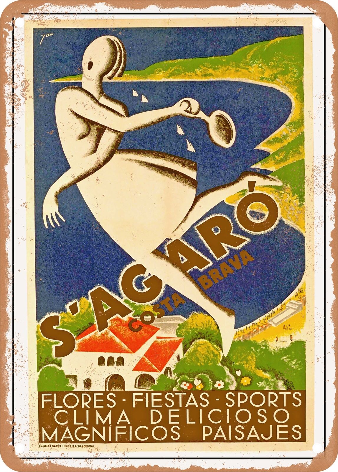 METAL SIGN - 1934 S\'Agaro, Costa Brava, Flowers, Festivities, Sports Vintage Ad