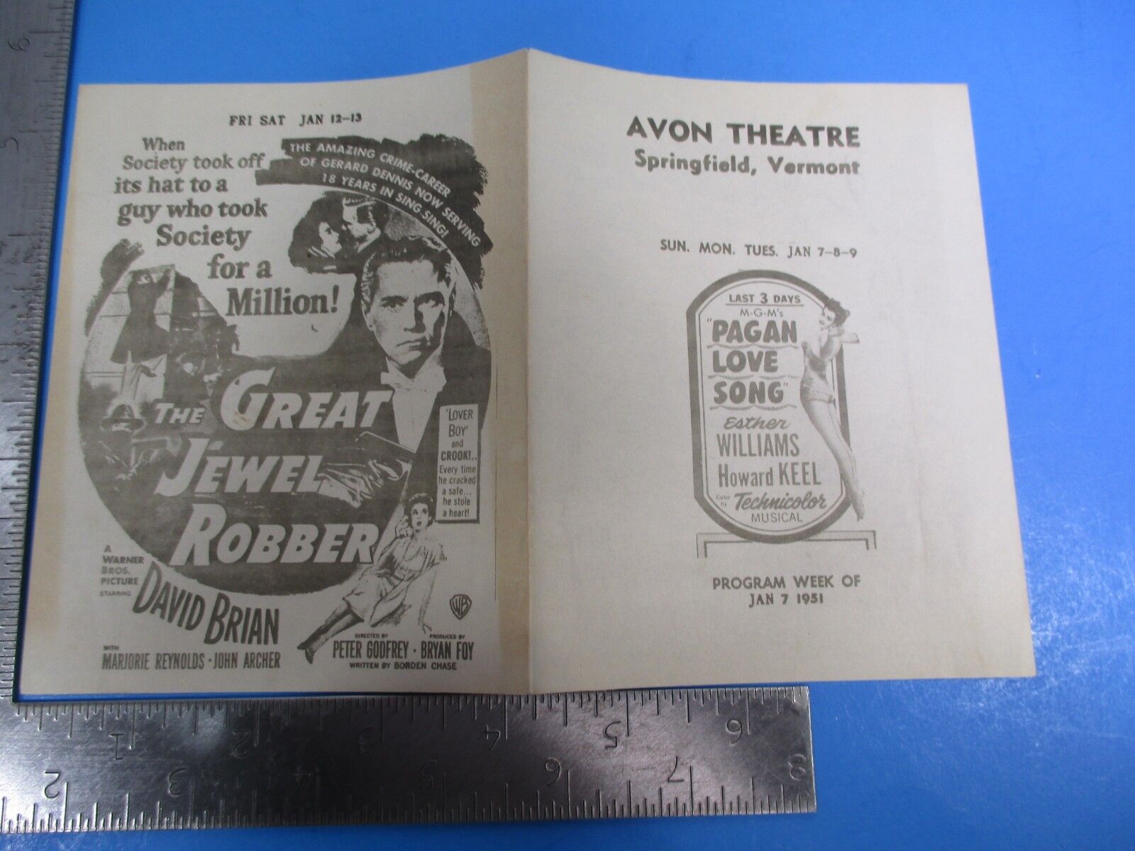 Vintage Ideal Avon Theatre Program Jan 1951 Pagan Love Song Springfield VT S8005