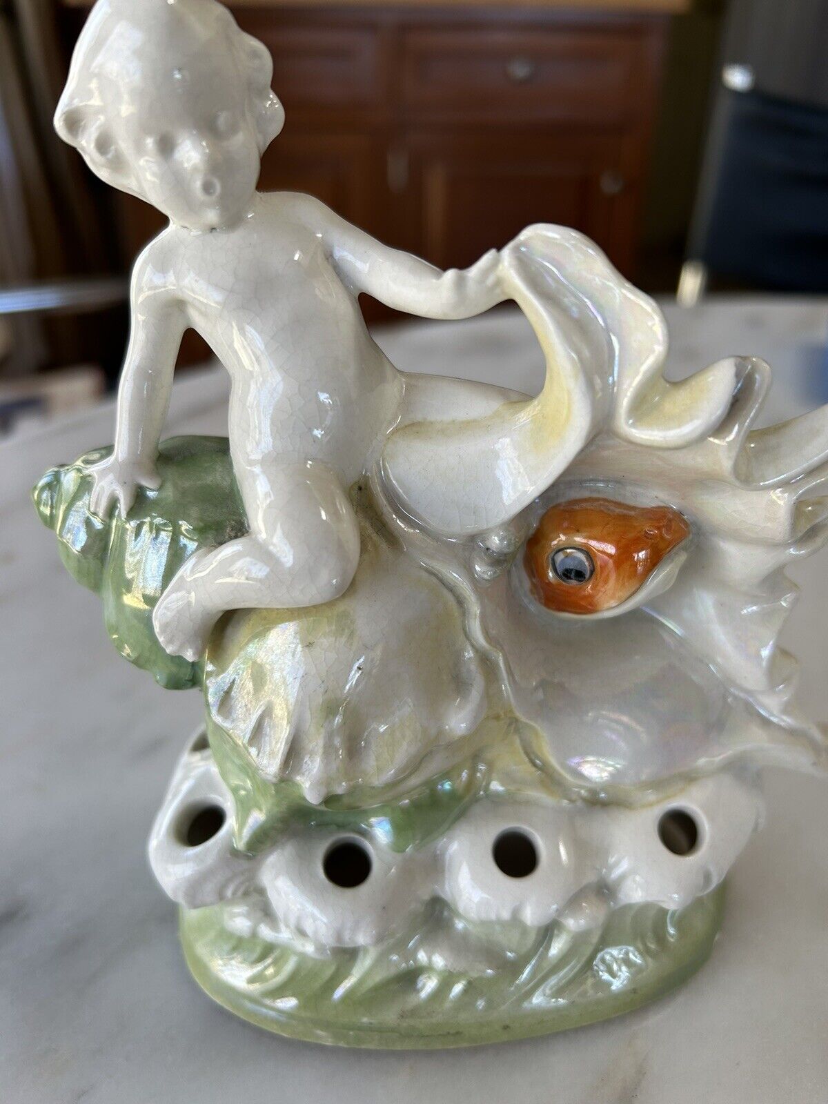 Vintage Porcelain Figurine Statue Cupid Cherub (Flower Frog) Sea Shell