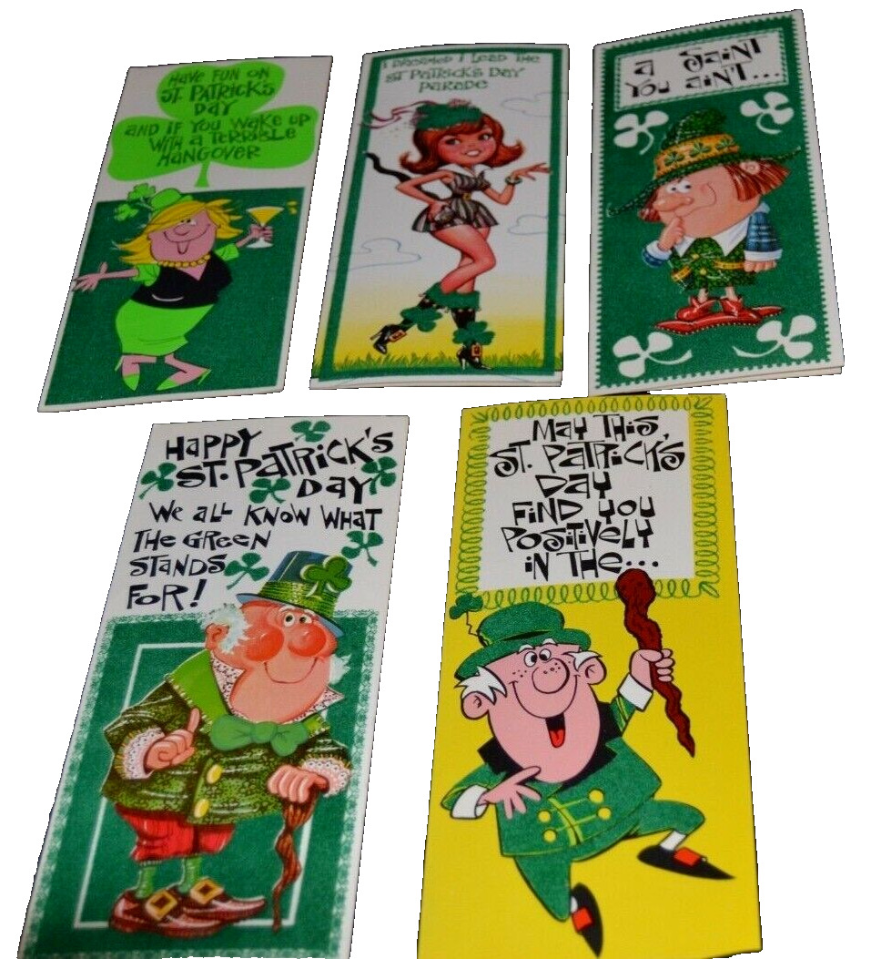 ST. PATRICK\'S DAY Greeting Cards Unused by United Card Co. FUNNY 5 Vtg Flocked