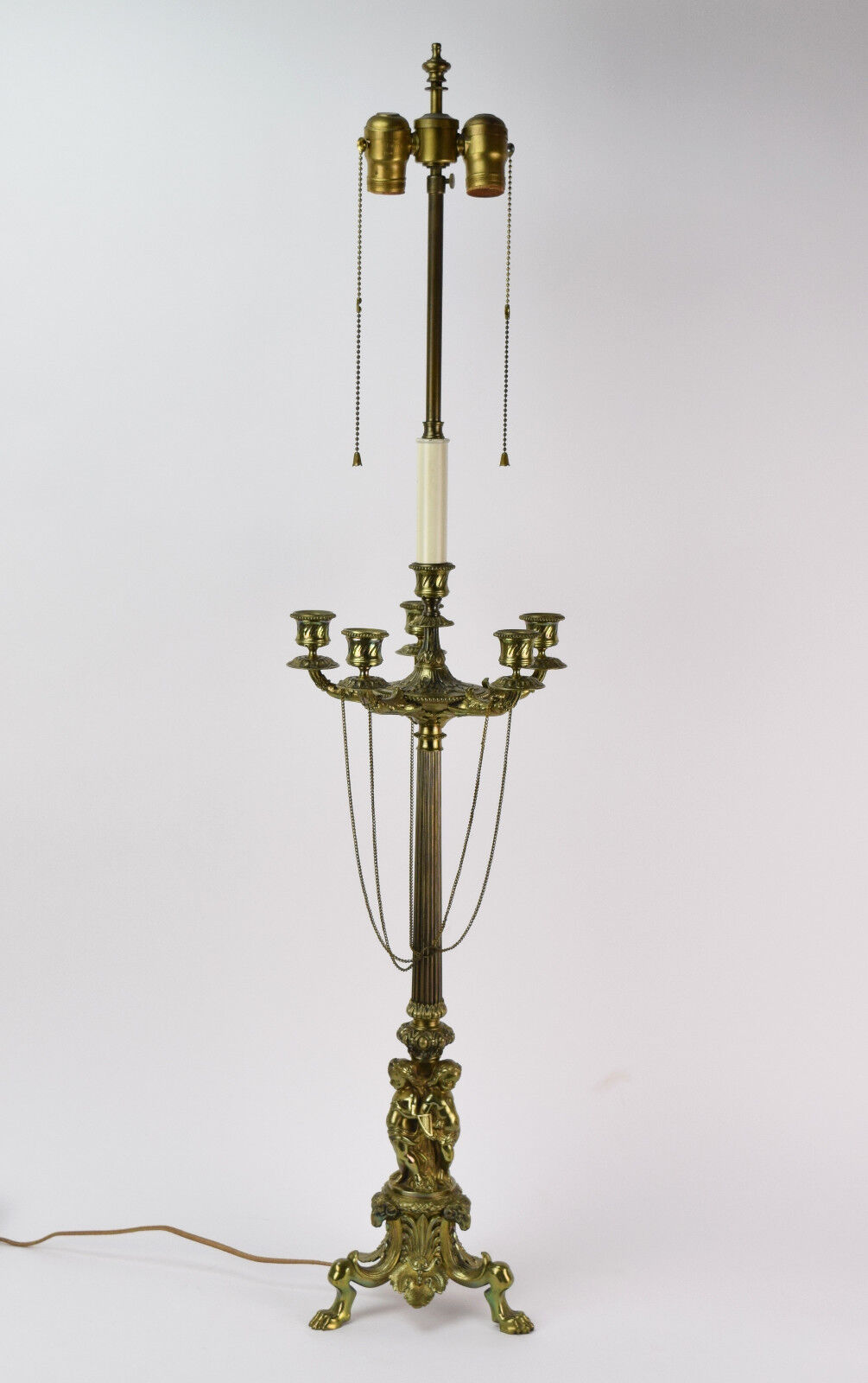 Neo-Classical French Empire Candelabra Table Lamp Cherubs Rams Heads Paw Feet