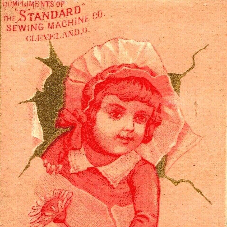 c1880s Cleveland Standard Sewing Machine Girl Bonnet Hat Trade Card Gold Red C8