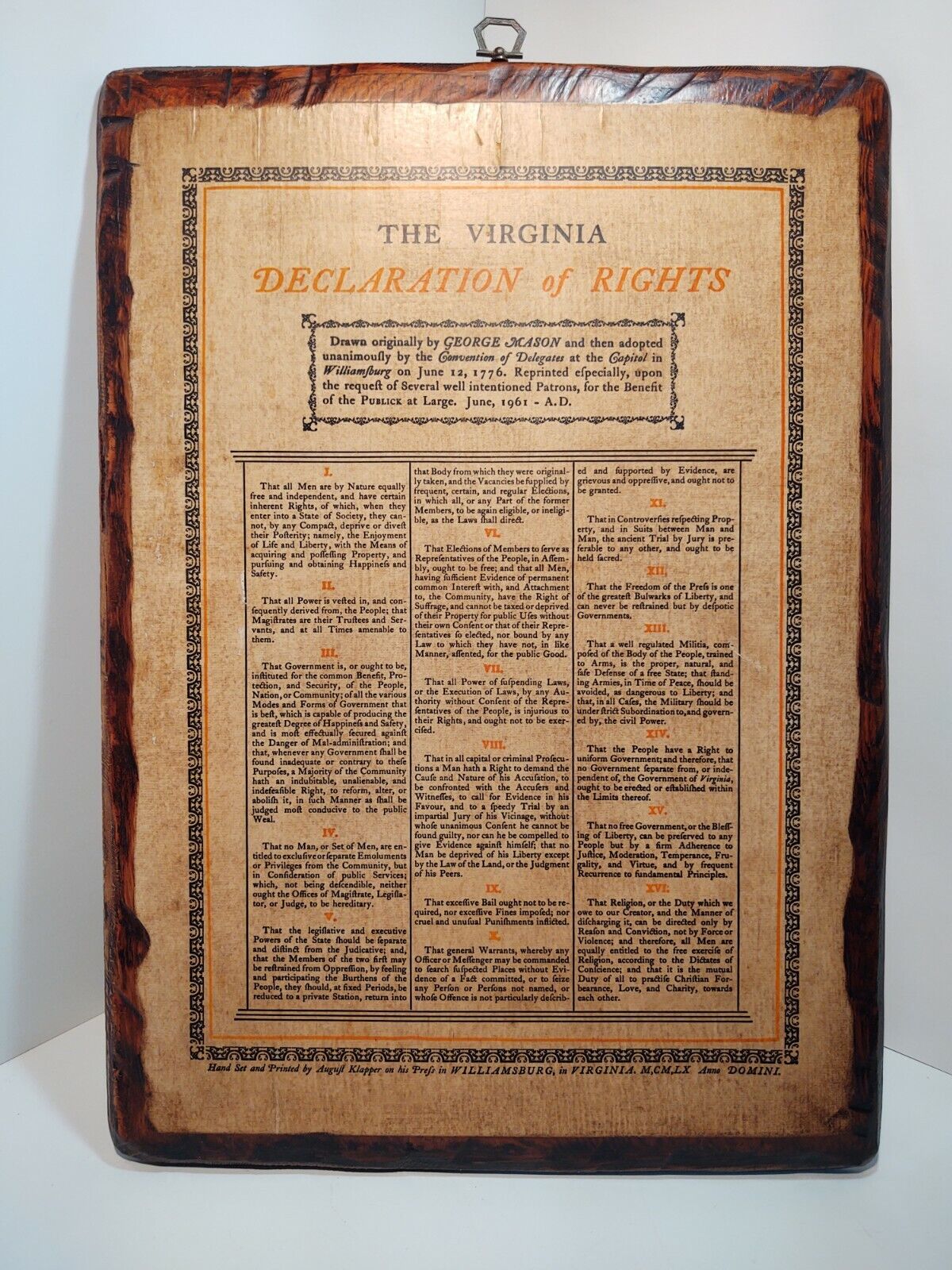 Vintage Virginia Declaration Of Rights Reprint From 1961 On Wooden Plaque