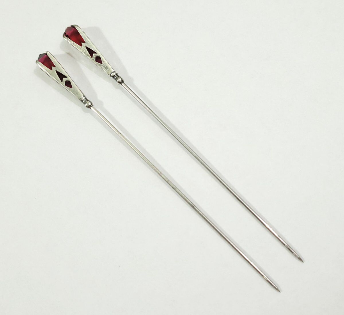Pair of Antique Paye & Baker Sterling & Glass Art Deco Hatpins 1900s