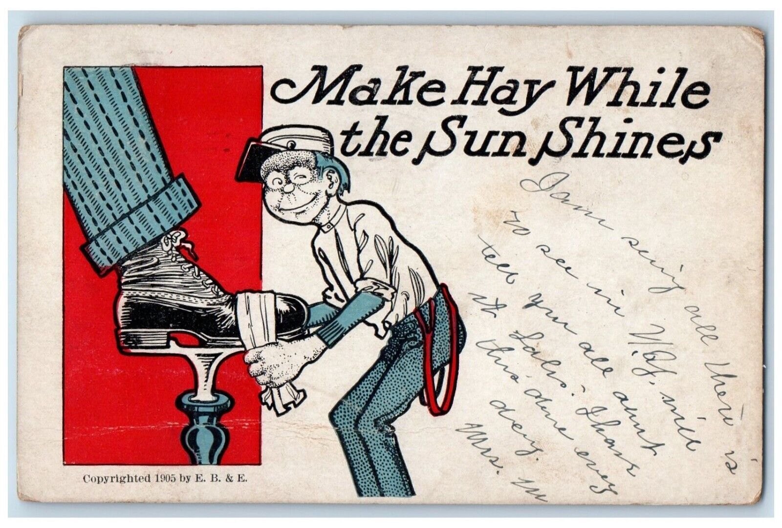 1906 Shoe Shine Boy Make Hay While The Sun Shines New York NY Antique Postcard