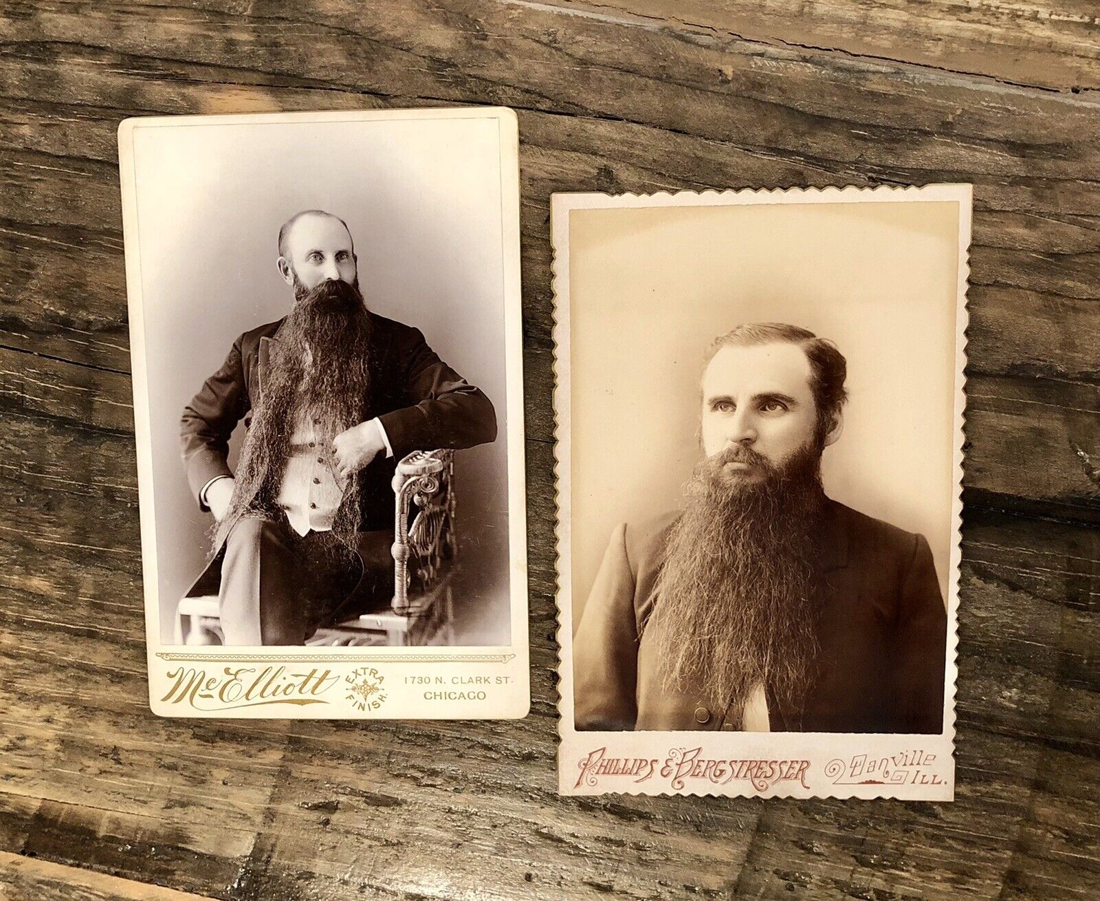 2 Antique Photos Bearded Men with Gigantic Big Beards - Illinois 1880s 1890s