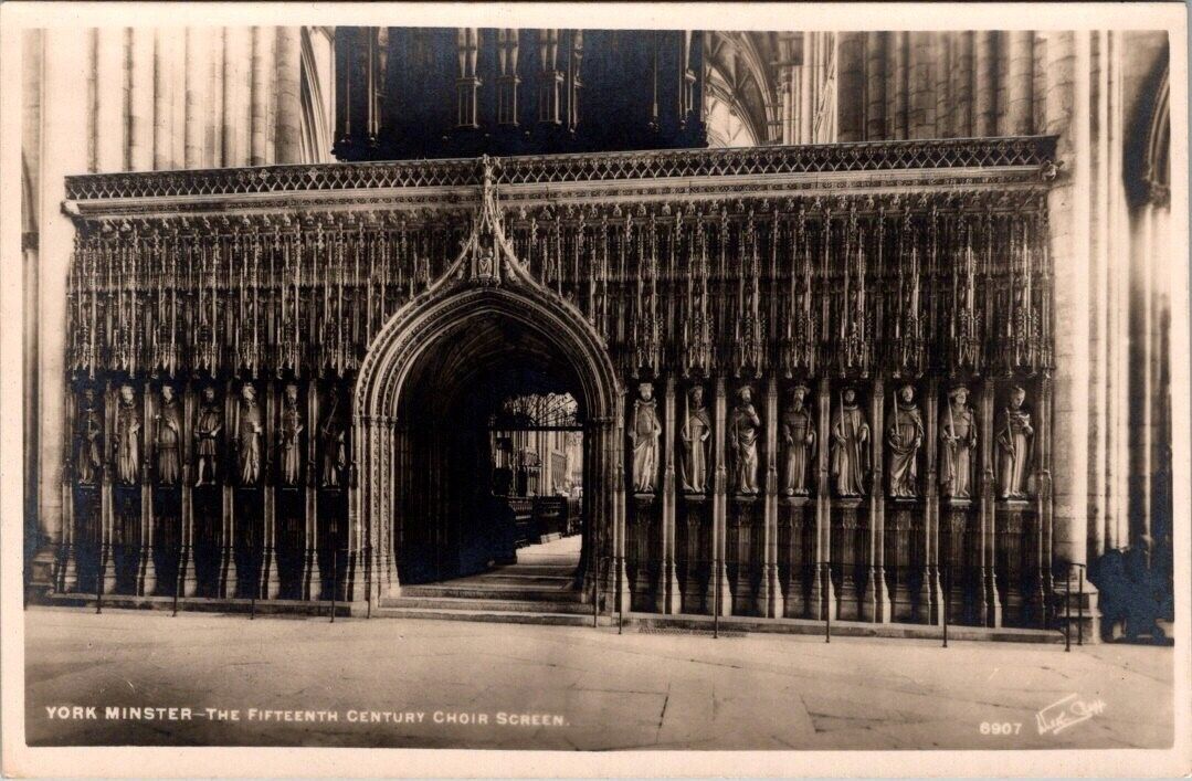 Antique postcard: RPPC- York Minster. The Fifteenth Century Choir Screen. -A31