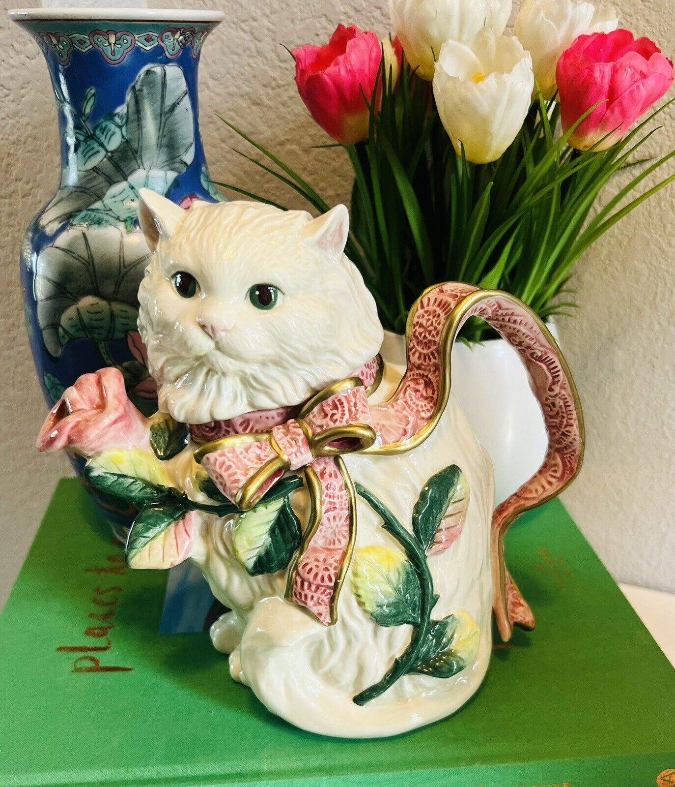 Vintage Fitz and Floyd Kittens and Roses Teapot Hand Painted