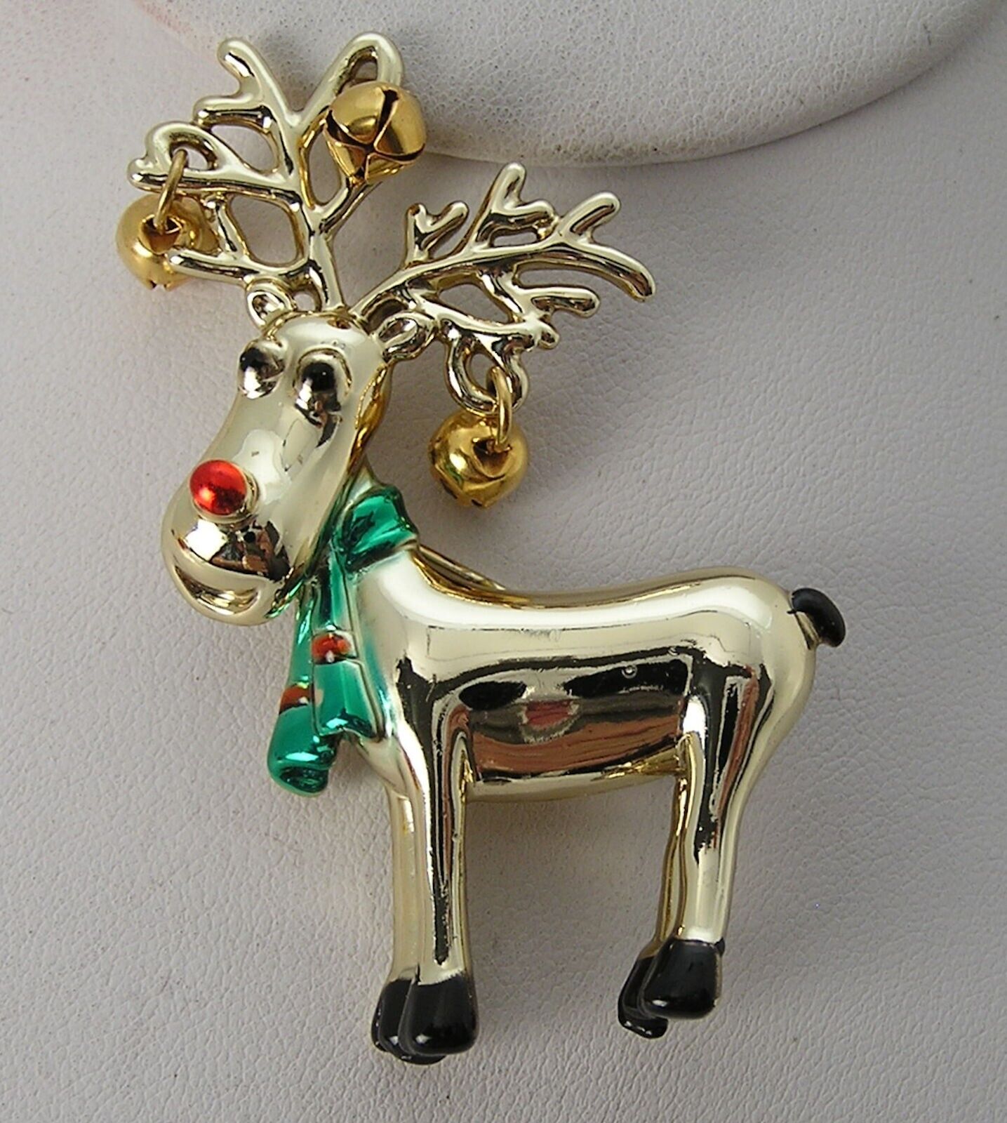 Vintage Comical Christmas Reindeer ( Moose ) w/Bells Gold Tone Enamel Pin by AJC