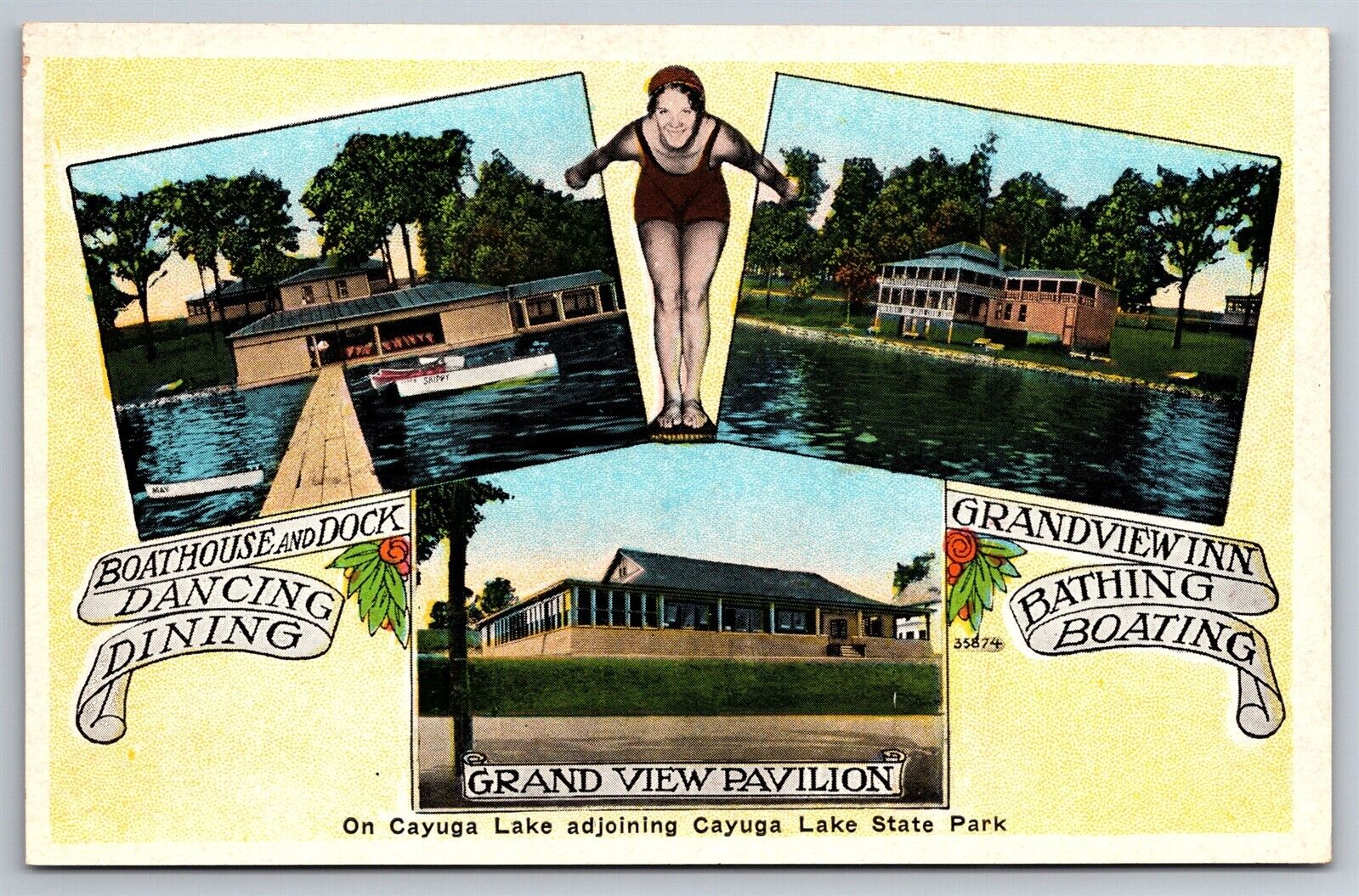 Cayuga Lake Boathouse & Dock Inn Grand View Pavilion NY C1940\'s Postcard R21