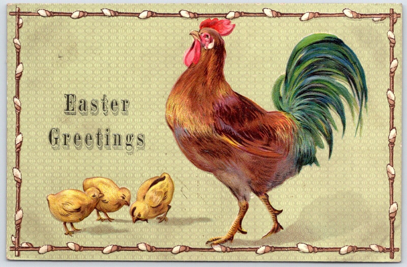 Postcard Easter Greetings Chickens Rooster Chicks Embossed HE10