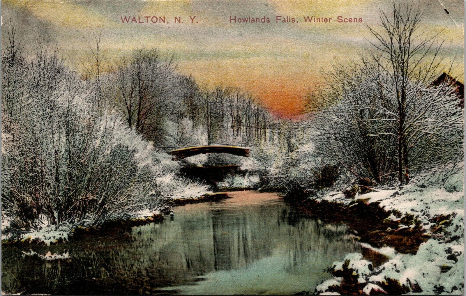 Postcard~Walton New York~Howlands Falls~Winter Scene~Bridge~PCK~c1910~Unposted