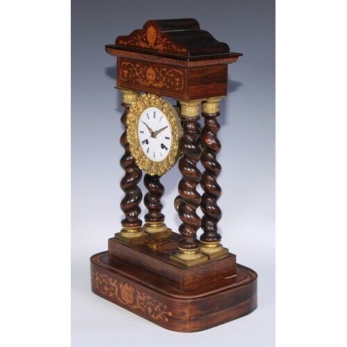 A Large19th Century 8 Day  French rosewood and marquetry portico clock c-1850\'s