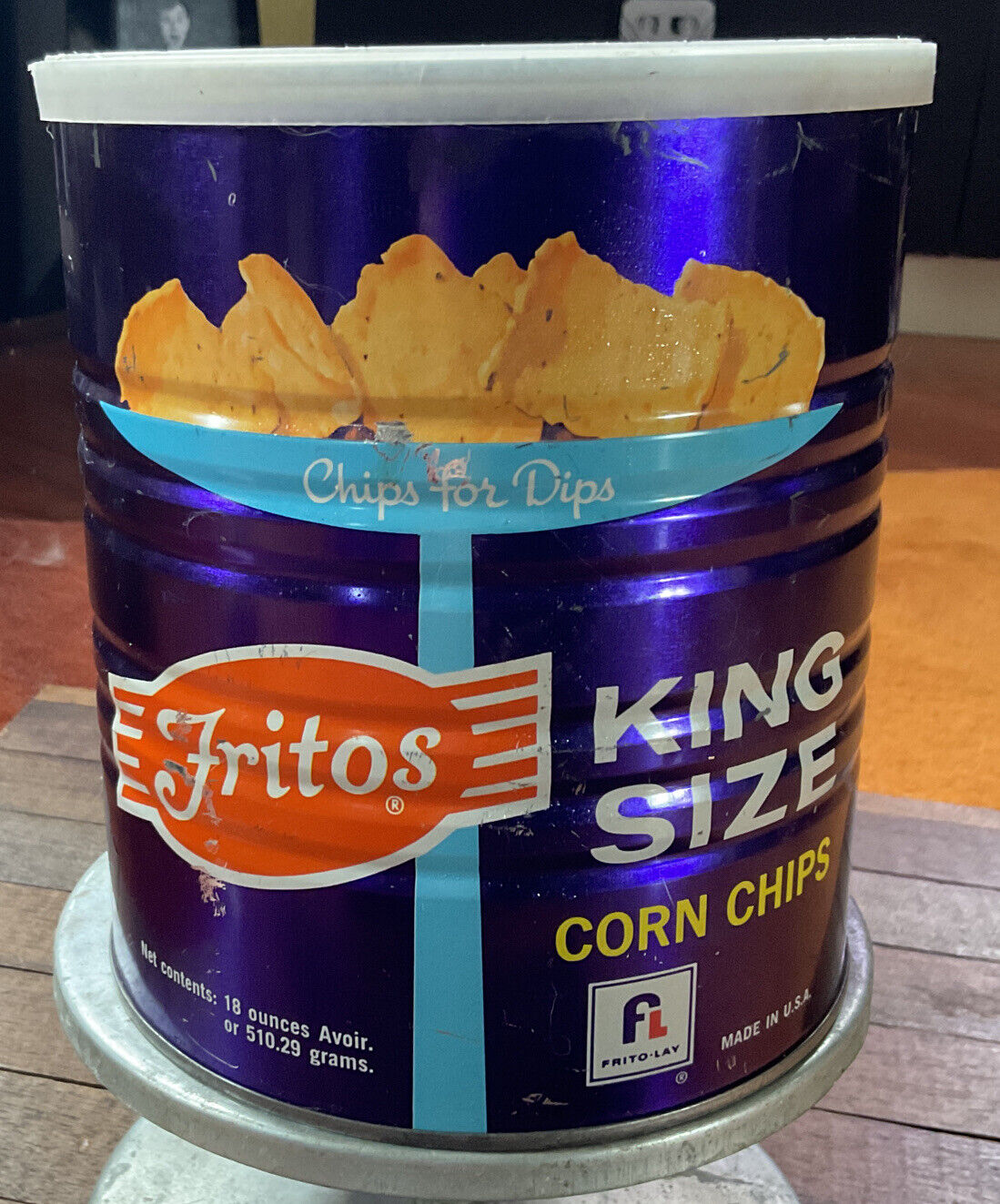 Vintage 1967 FRITOS Advertising Corn Chips Metal Tin Can - Frito Lay MCM RARE