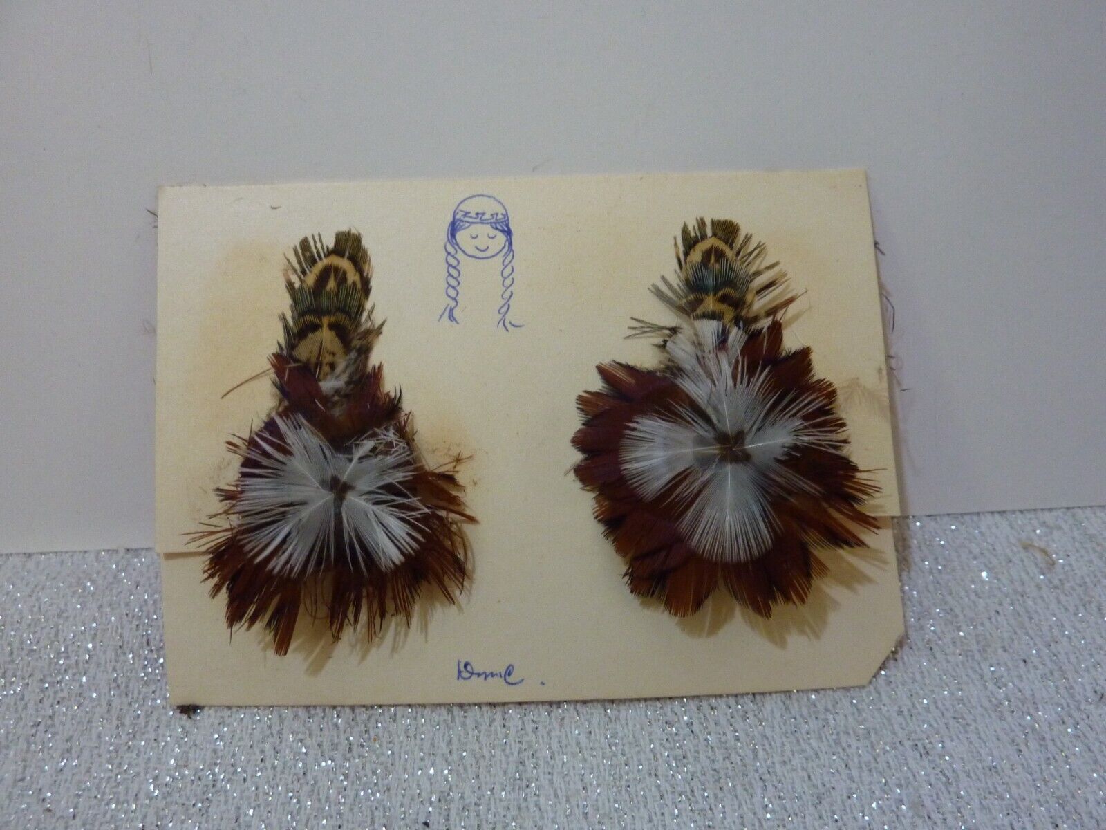 Rare Vintage Handmade Hoopa Indian Tribe Real Feather Earrings Screw Back