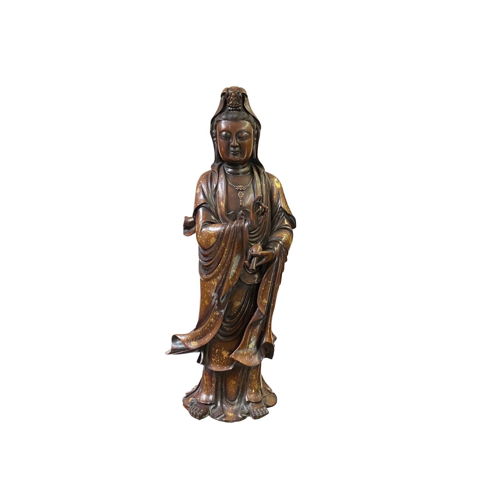 Bronze Stand Quan Yin  Bodhisattva Statue W/ Vitarka Mudra & Holly Vase cs2785