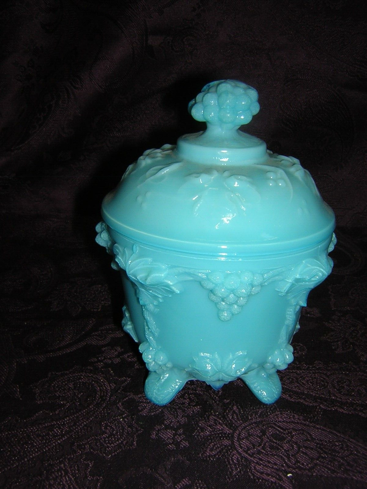 vintage french blue opaline glass covered candle dish, grapes, small chip in lid