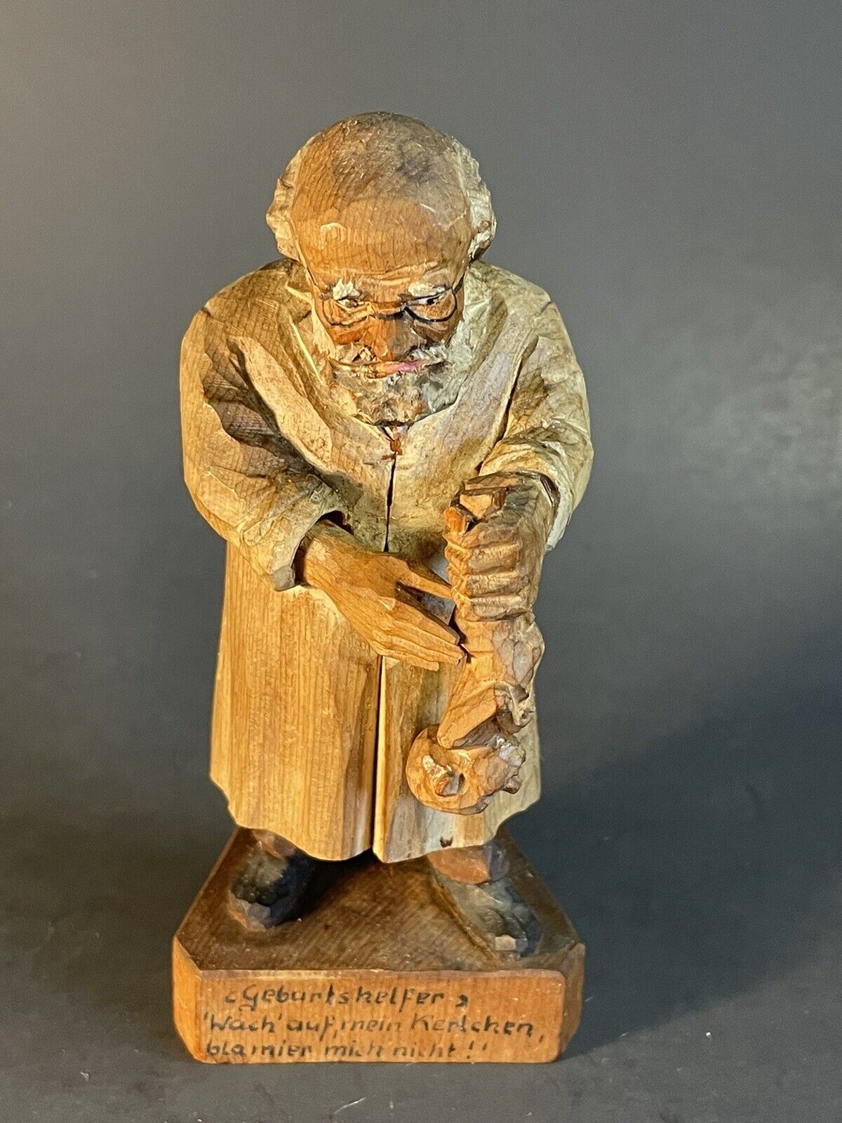 Vintage German Wood Carved Obstetrician “ Wake Up My Little Guy” 5”