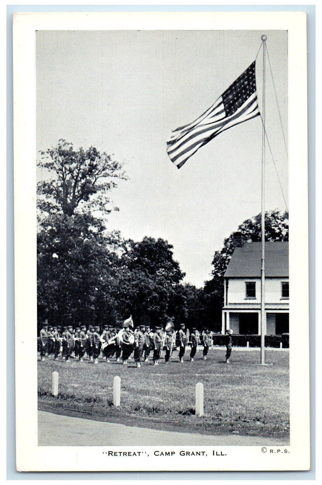 c1920 Retreat Soldiers US Flag Flagpole Parade Camp Grant Illinois IL Postcard