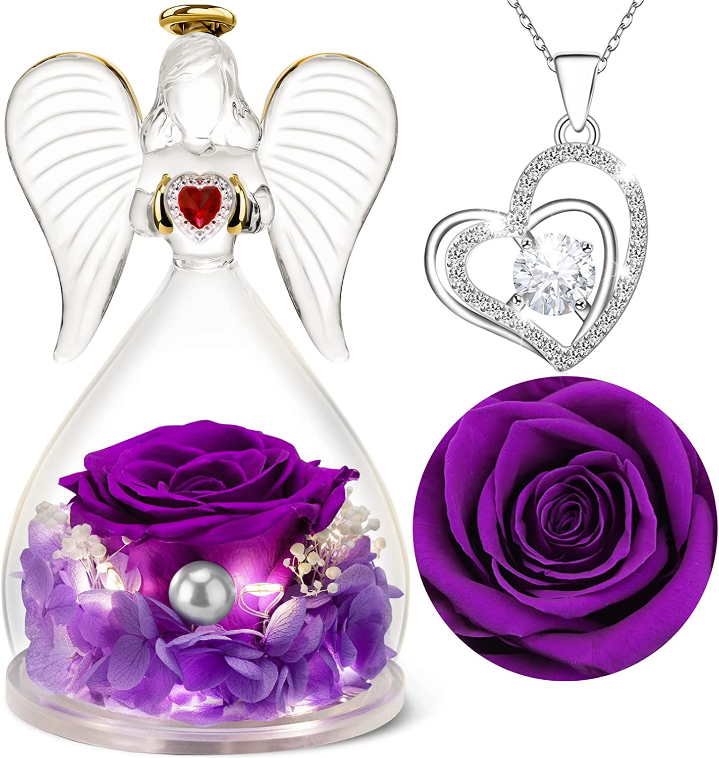 Mothers Day Preserved Real Rose Glass Angel Figurine Heart Necklace Greeting Car