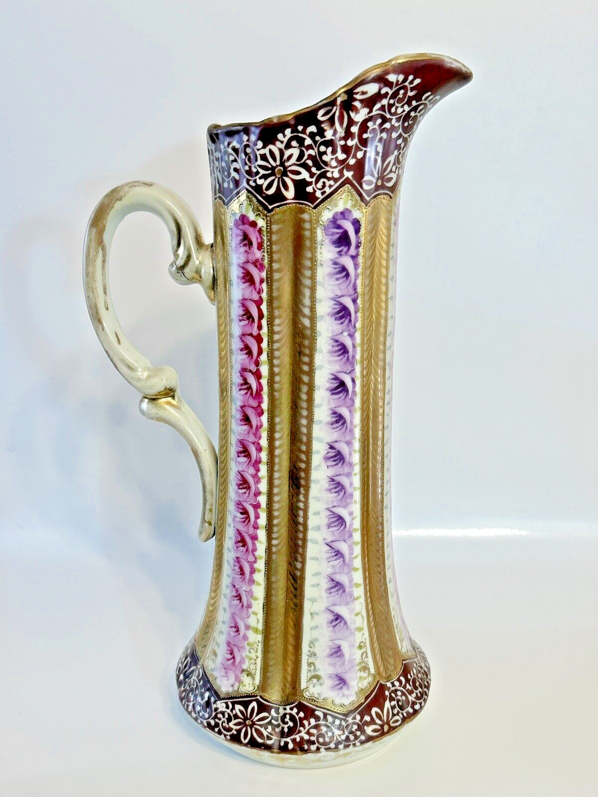 Antique Nippon Pitcher Ewer Hand Painted Purple & Pink Roses Heavy Gold 14\