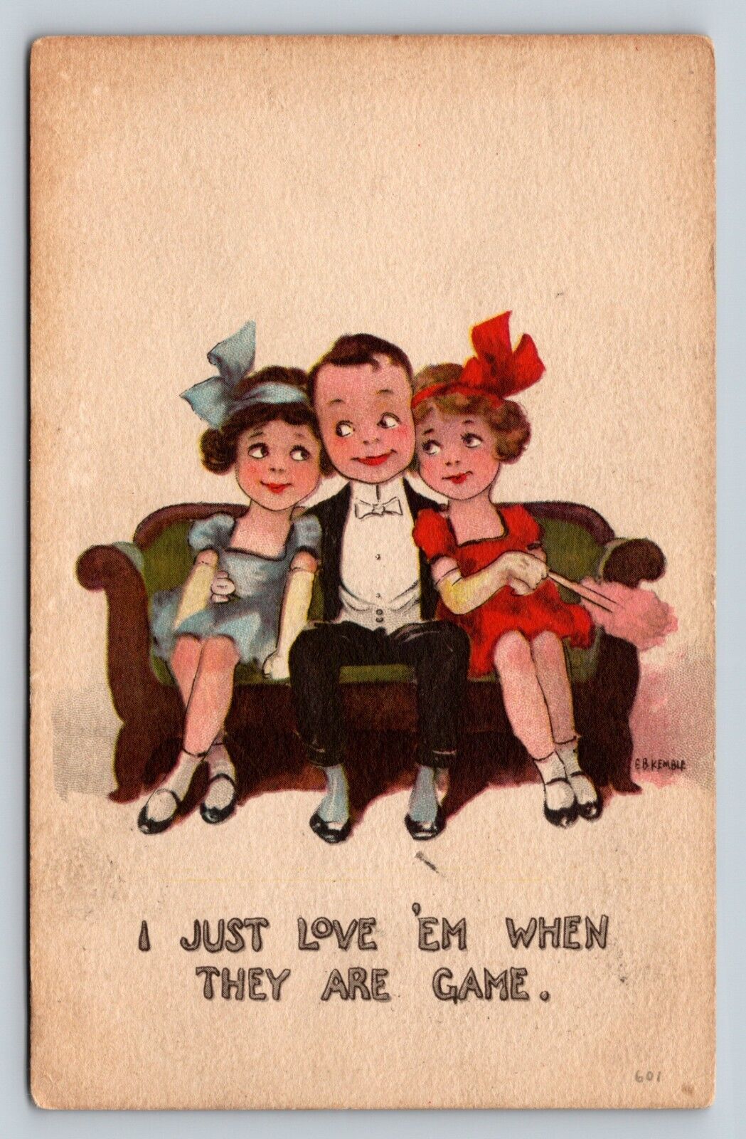 c1916 I Just Love \'Em When They Are Game - Boy With 2 Girls ANTIQUE Postcard