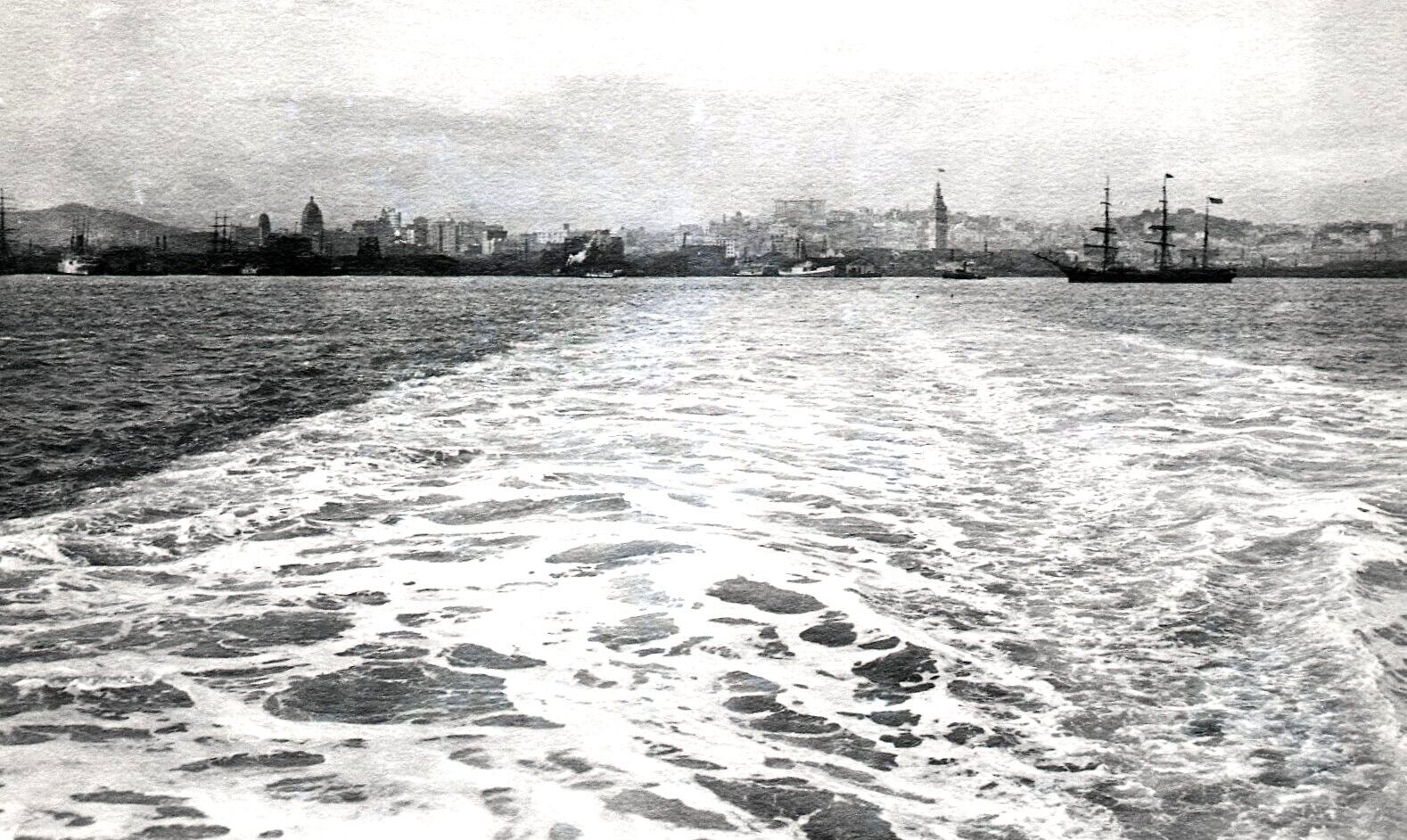 c.1900 SAN FRANCISCO FERRYBOAT VIEW in BAY w/CITY SKYLINE&SAILING SHIPS~NEGATIVE